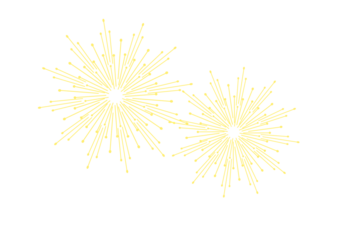 Minimalist illustration of a double fireworks display against a dark night sky.