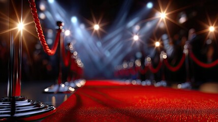 Red carpet event with rope barriers and spotlights
