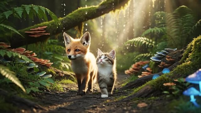 Fox and Kitten Walking Together on Magical Forest Path with Glowing Mushrooms