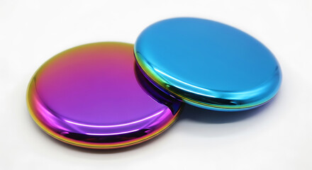 Two iridescent metallic round objects on white background rainbow