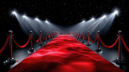 Red carpet event with spotlights and velvet ropes