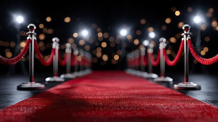 Red carpet event with stanchions and rope under bright lights