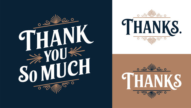 Collection of vintage styled thank you and thanks lettering designs with elegant decorative flourishes for appreciation messages
