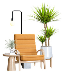 a striking photograph showcases a contemporary orange chair complemented by indoor plants and a modern lamp, perfect for interior design magazines.