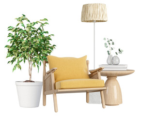 high-quality photograph showcasing a modern living room setup with an accent chair, decorative plant, lamp, and side table, creating a stylish interior ambiance.