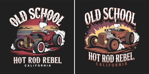 Cool skeleton driver in a vintage hot rod roadster graphic design with old school rebel california text