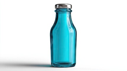 Transparent glass bottle with liquid and metallic cap isolated