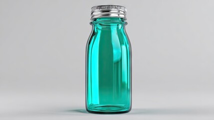 Transparent glass bottle with metallic cap isolated on neutral background