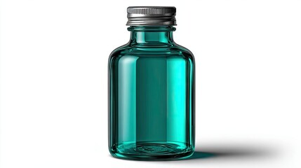Transparent glass bottle with metallic lid on white background