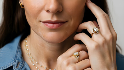 Close-up of Woman with Vitiligo Wearing Luxury Gold Diamond Rings and Necklace, Concept of Inclusive Beauty and Elegance