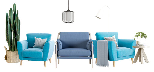 arrangement featuring a blue armchair, potted cactus, side table with bonsai tree, and floor lamp, creating an interior design photograph for blogs and advertising