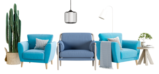 arrangement featuring a blue armchair, potted cactus, side table with bonsai tree, and floor lamp, creating an interior design photograph for blogs and advertising