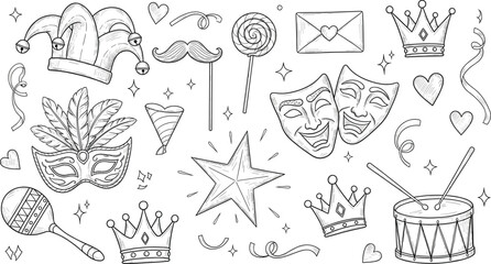 Carnival and theater sketch illustration set with masks crowns music and festive elements for party celebration and entertainment design