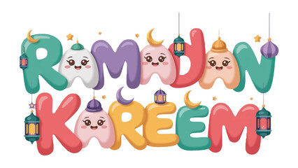 Obraz premium Ramadan Kareem: A vibrant and colorful illustration conveys the spirit of Ramadan Kareem with playful letterings, lanterns and moons.