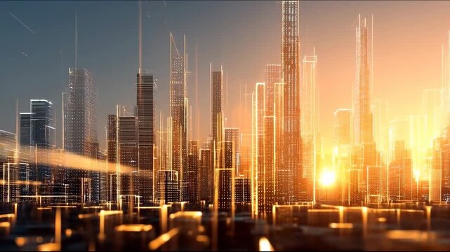Futuristic digital smart city with glowing golden wireframe skyscrapers and high speed data lines representing innovation and connectivity