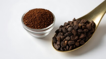 Obraz premium Instant coffee and freeze dried coffee on white background ; close up.