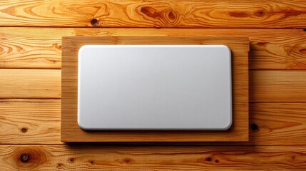 Wooden background with blank white rectangle for text or design