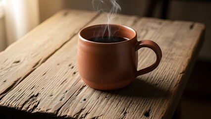 Steaming coffee mug on rustic wooden table