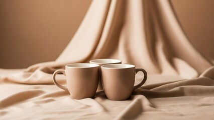 Two mugs on a beige fabric