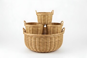 Obraz premium Three wicker baskets are stacked on top of each other with handles visible in a clean environment.