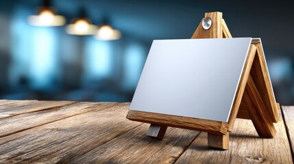 Wooden easel on tabletop against blurred background