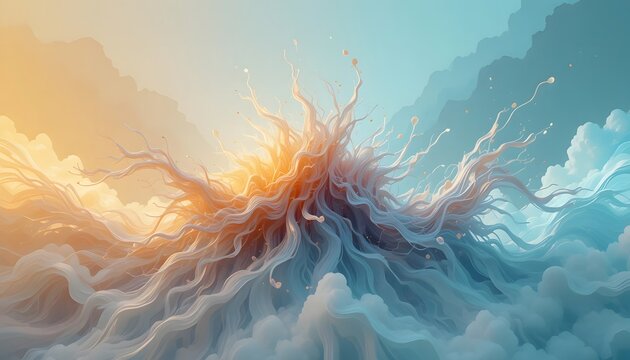 A vibrant abstract composition featuring a dynamic burst of ethereal energy and flowing forms across a gradient sky. bamba