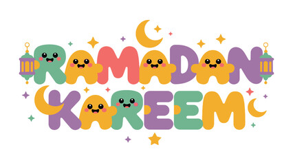 Naklejka premium Ramadan Kareem: Festive typographic design of Ramadan Kareem, featuring bright colors, cheerful illustrations, stars, and moon, celebrating the holy month.
