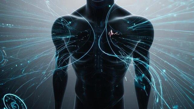 Futuristic human anatomy with glowing blue energy streams connecting to the body, representing health and technology