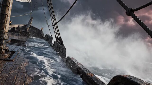 old wooden ship deck sailing in stormy ocean with rough waves. wet planks and rigging against dark dramatic sky. adventure and travel concept. 