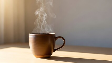 Steaming coffee mug in morning light