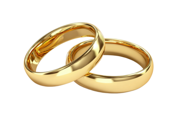 Two intertwined gold wedding bands shine on a solid black background