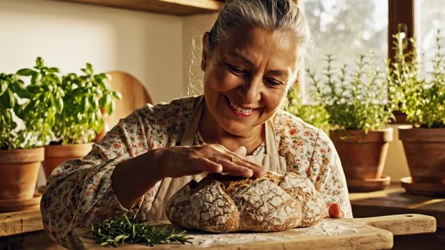 smiling senior hispanic woman holding wooden board with fresh rustic bread and rosemary. homemade sourdough loaf in kitchen with herbs. baking tradition. food blog, bakery