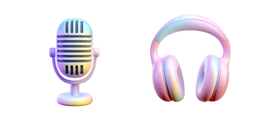 Retro microphone and headphones, pastel, glowing, isolated on black