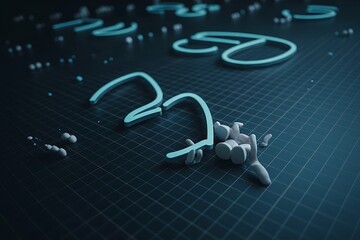 Glowing blue numbers and white particles on dark grid background