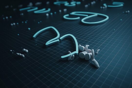 Glowing blue numbers and white particles on dark grid background - Powered by Adobe