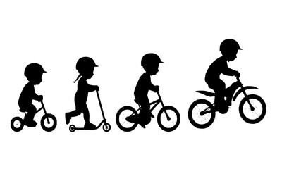 Obraz premium Evolution of child riding silhouette set, kids on tricycle scooter and bicycle icons, progress of childhood outdoor activities vector, little boy learning to ride bike illustration