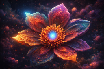 AI generated Radiant cosmic flower with layered luminous petals in orange pink and purple around a bright blue core floating in a dark space atmosphere symbolizing life growth and mystical energy