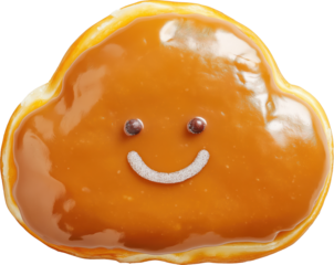 Cute cloud shaped caramel glazed doughnut with smiley face icing looks playful and joyful as sweet dessert treat isolated on transparent background in overhead flat lay cutout style