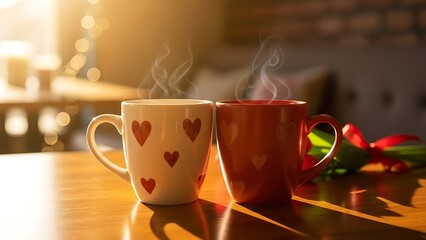 Two heart-shaped mugs with steam