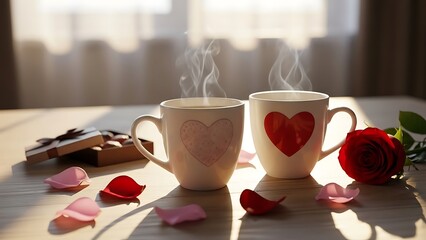 Two heart-shaped mugs with morning coffee