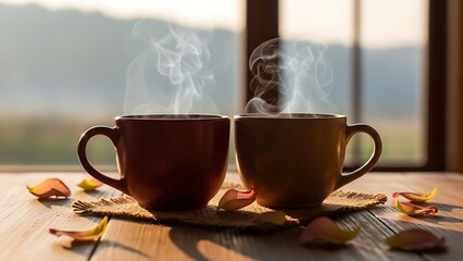 Two steaming cups of coffee by the window