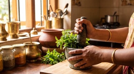 Woman's Hands Grinding Fresh Green Herbs in Mortar and Pestle in a Traditional Kitchen