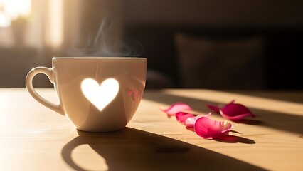 Morning coffee with heart and rose petals