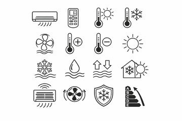 Air conditioner line icon set. HVAC, climate control outline symbols. Vector collection for cooling, heating, ventilation, and weather.
