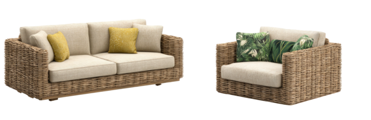 Wicker sofa and chair set with off-white cushions and colored pillows