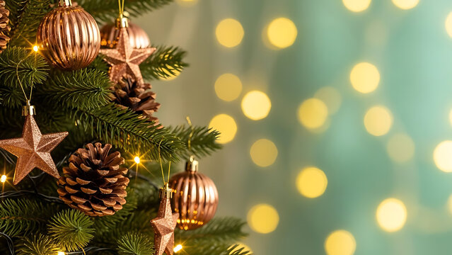 christmas tree decorations with glowing string lights and rose gold ornaments create a warm festive holiday background for seasonal marketing