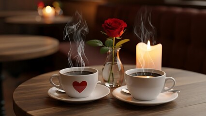 Cozy morning coffee with rose and candle