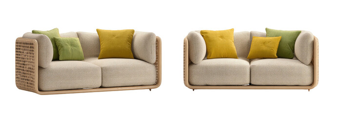 Two off-white couches with green and yellow pillows