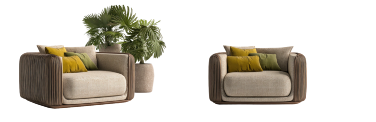 Two armchair designs with cushions, one with potted plant