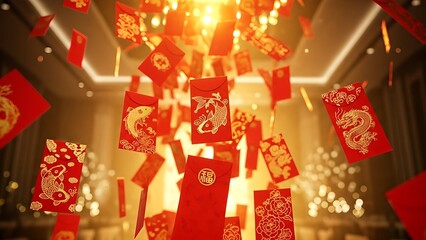 A vibrant shower of red envelopes for Chinese New Year celebration.